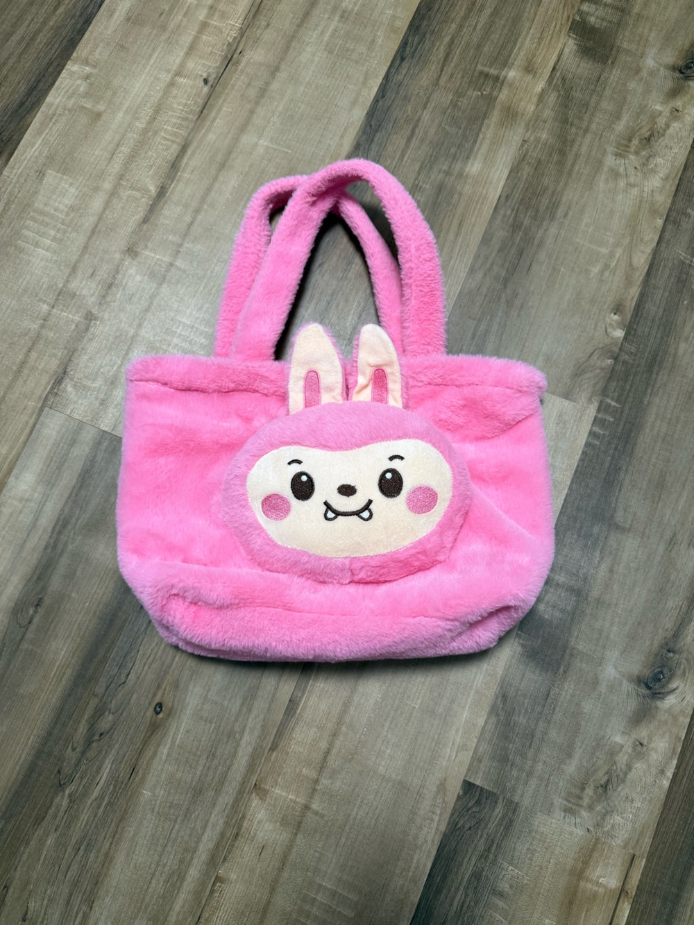 Pink Plush Bunny Plush Bag with Handles and Gold Zipper